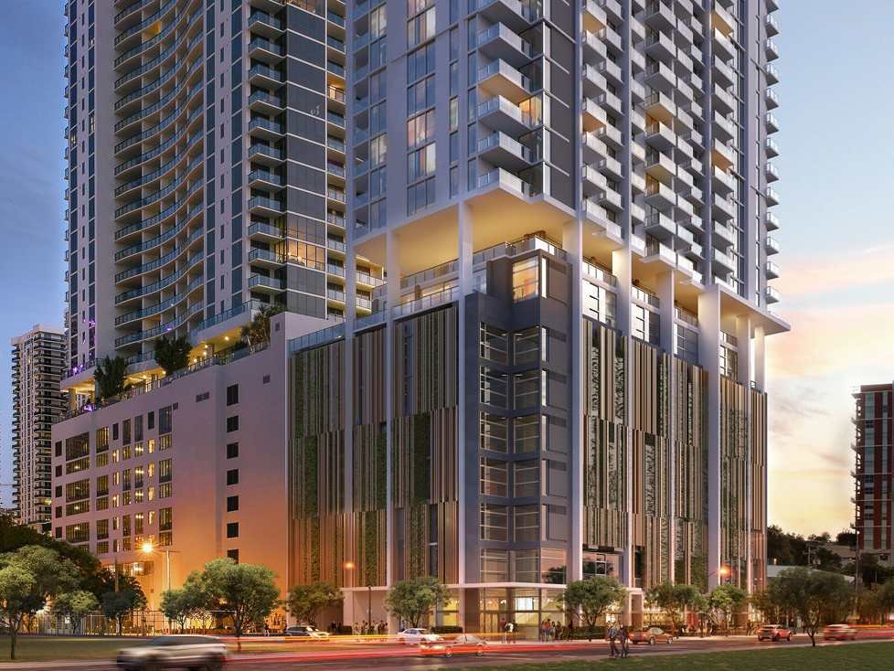 High-rise apartment building. Rendering of the Miami Opportunity Zone apartment development financed under HUD 221(d)(4)